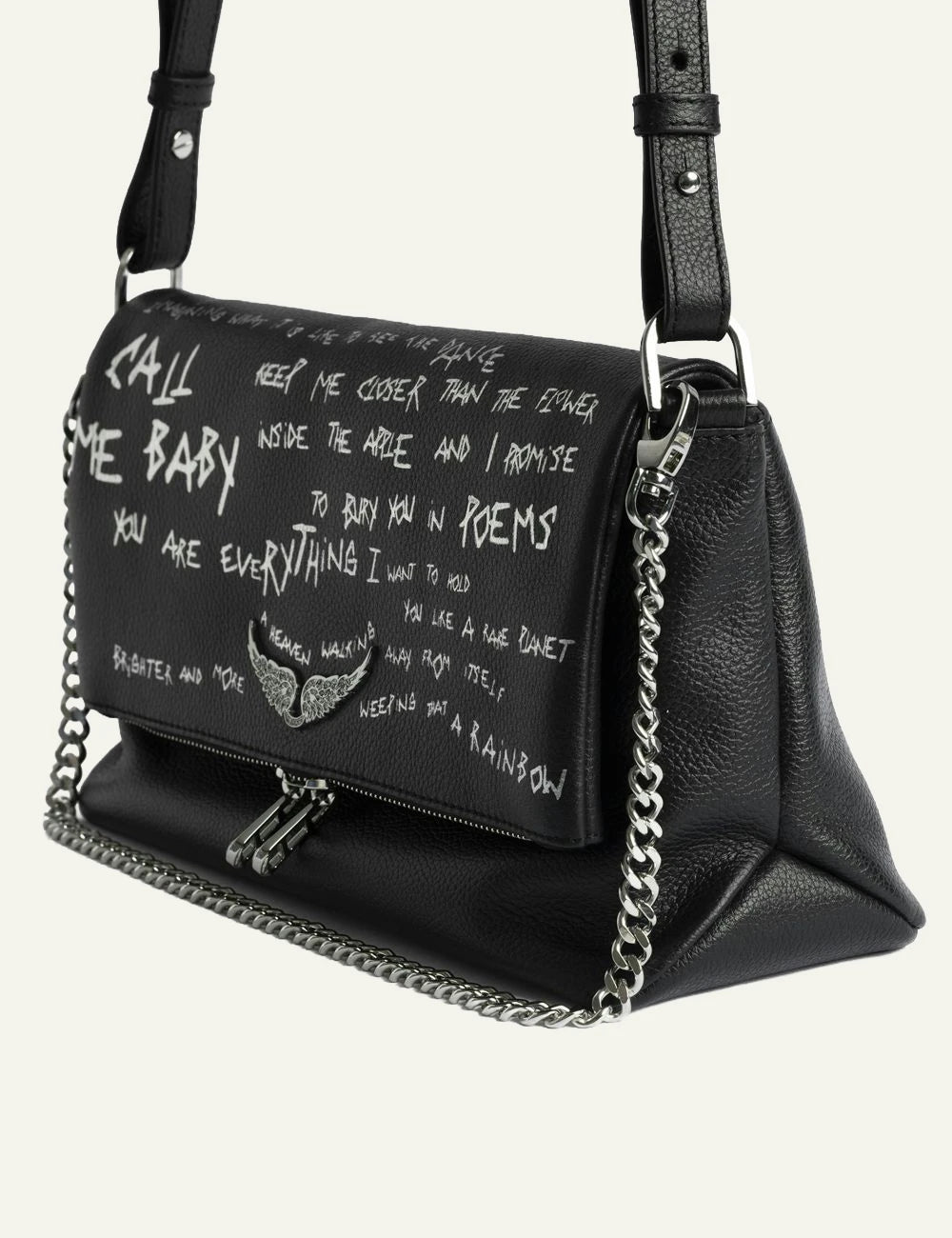 Zadig Voltaire grained leather bag black graffiti print wings side view