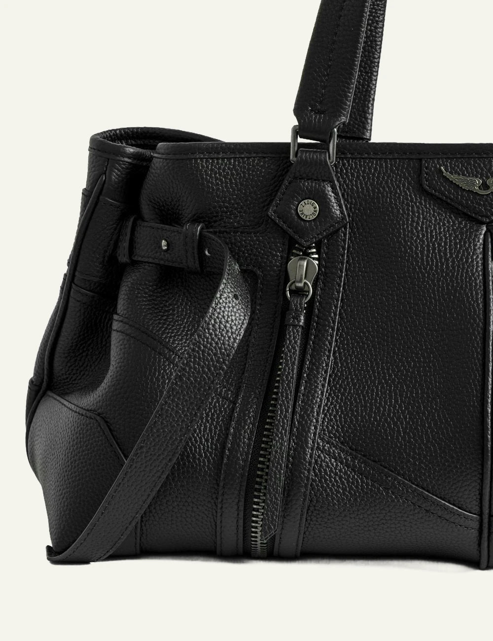 Zadig Voltaire grained leather bag black zip detail detail view