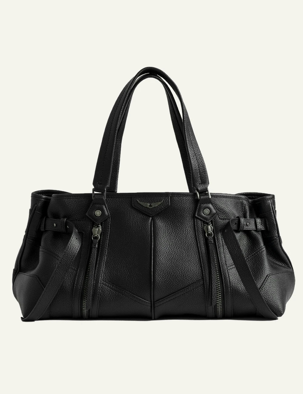 Zadig Voltaire grained leather bag black zip detail front view