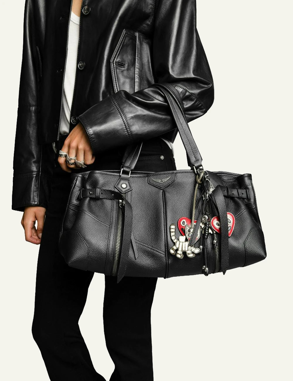 Zadig Voltaire grained leather bag black zip detail front model view