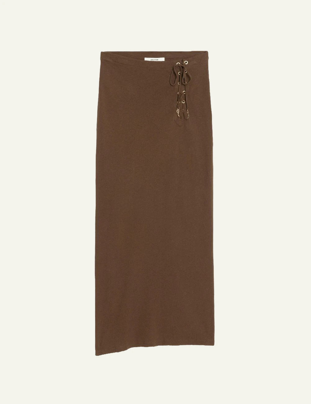 Zadig Voltaire long skirt brown cotton linen lace up waist front flat view