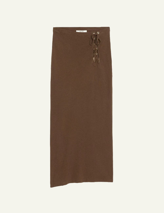 Zadig Voltaire long skirt brown cotton linen lace up waist front flat view