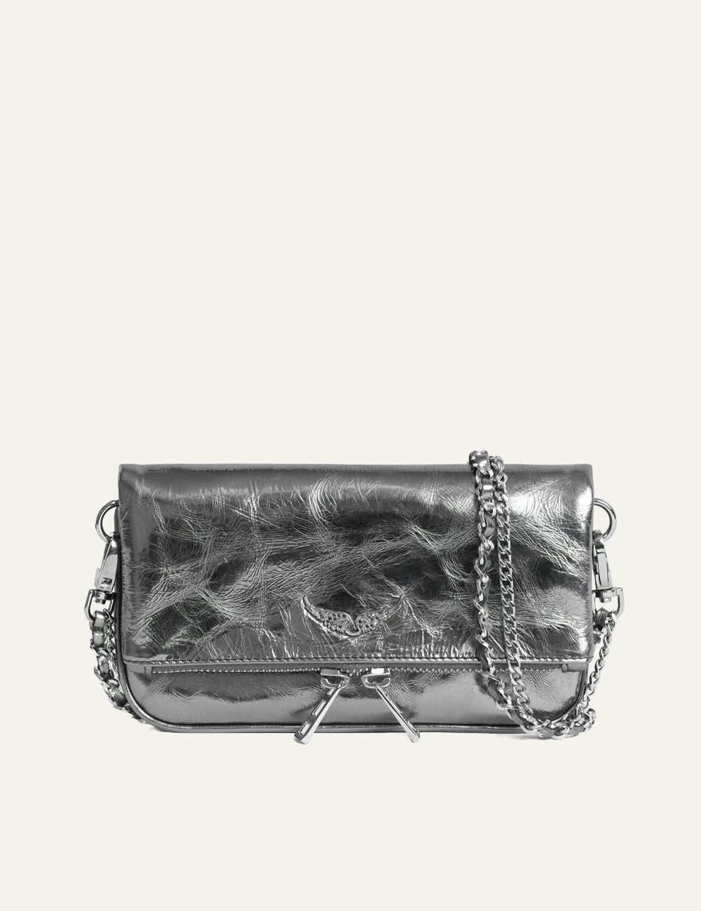 Zadig Voltaire metallic leather clutch silver wings rhinestone front view