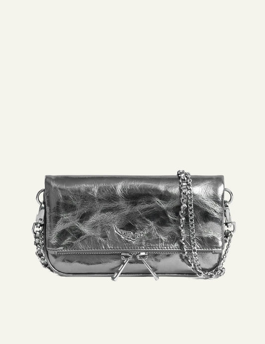 Zadig Voltaire metallic leather clutch silver wings rhinestone front view