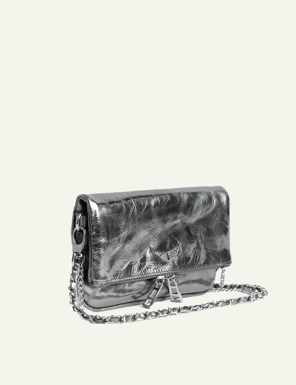 Zadig Voltaire metallic leather clutch silver wings rhinestone side view
