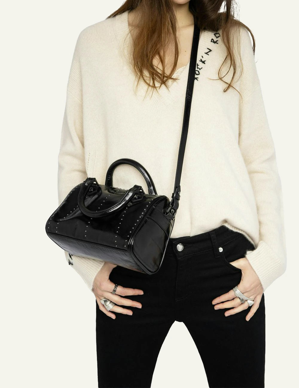 Zadig Voltaire patent leather bag black studs vintage effect front model view