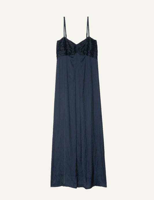 Zadig Voltaire satin maxi dress encre pleated bustier straps front flat