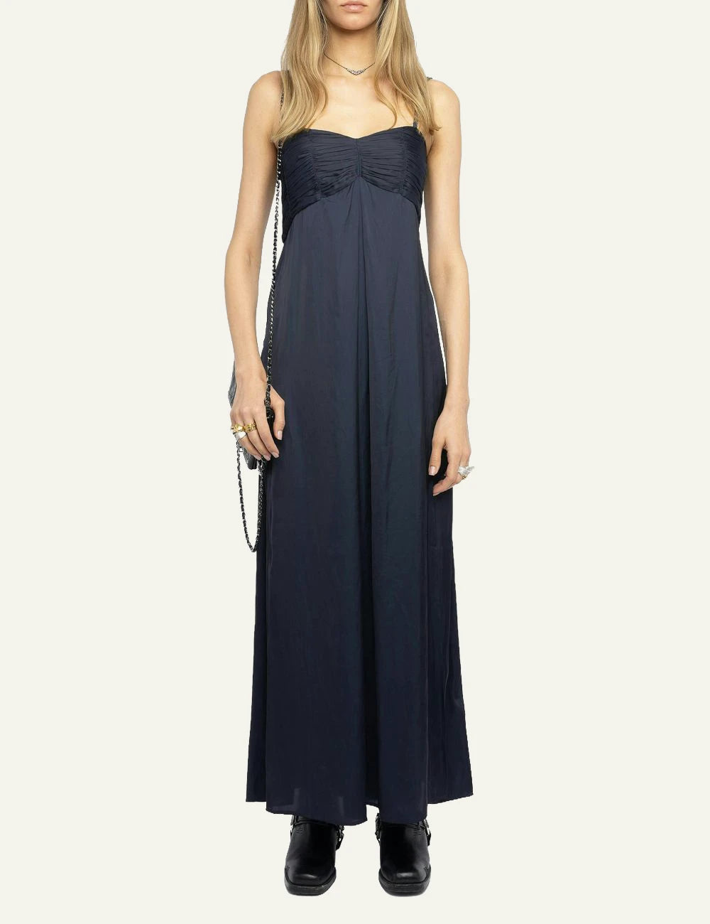 Zadig Voltaire satin maxi dress encre pleated bustier straps front full body