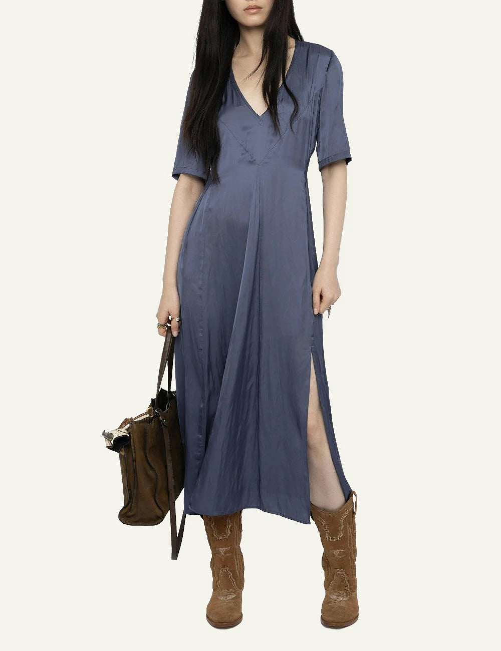 Zadig Voltaire satin maxi dress storm v neck short sleeves front full body