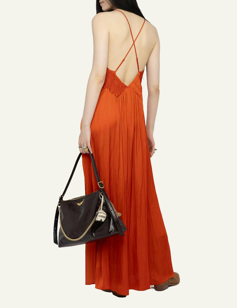 Zadig Voltaire satin maxi dress tangerine pleated cross back straps back