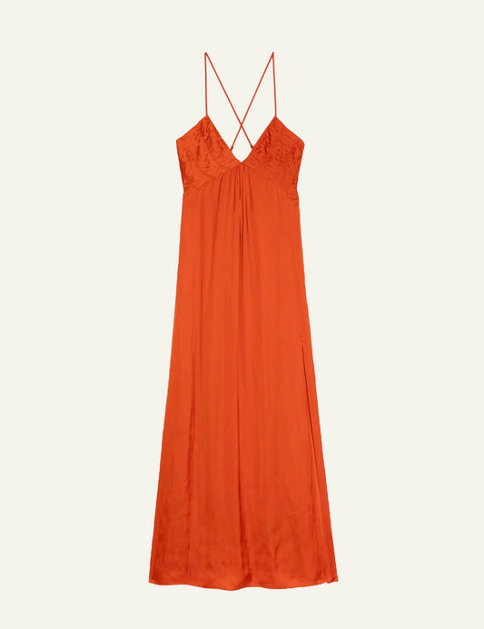 Zadig Voltaire satin maxi dress tangerine pleated cross back straps front flat