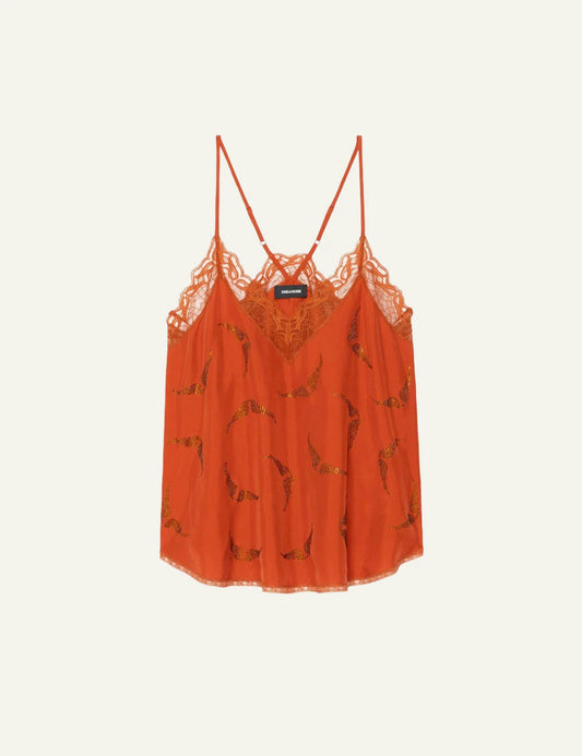 Zadig Voltaire silk camisole SPICE orange me lace kai strass front flat view