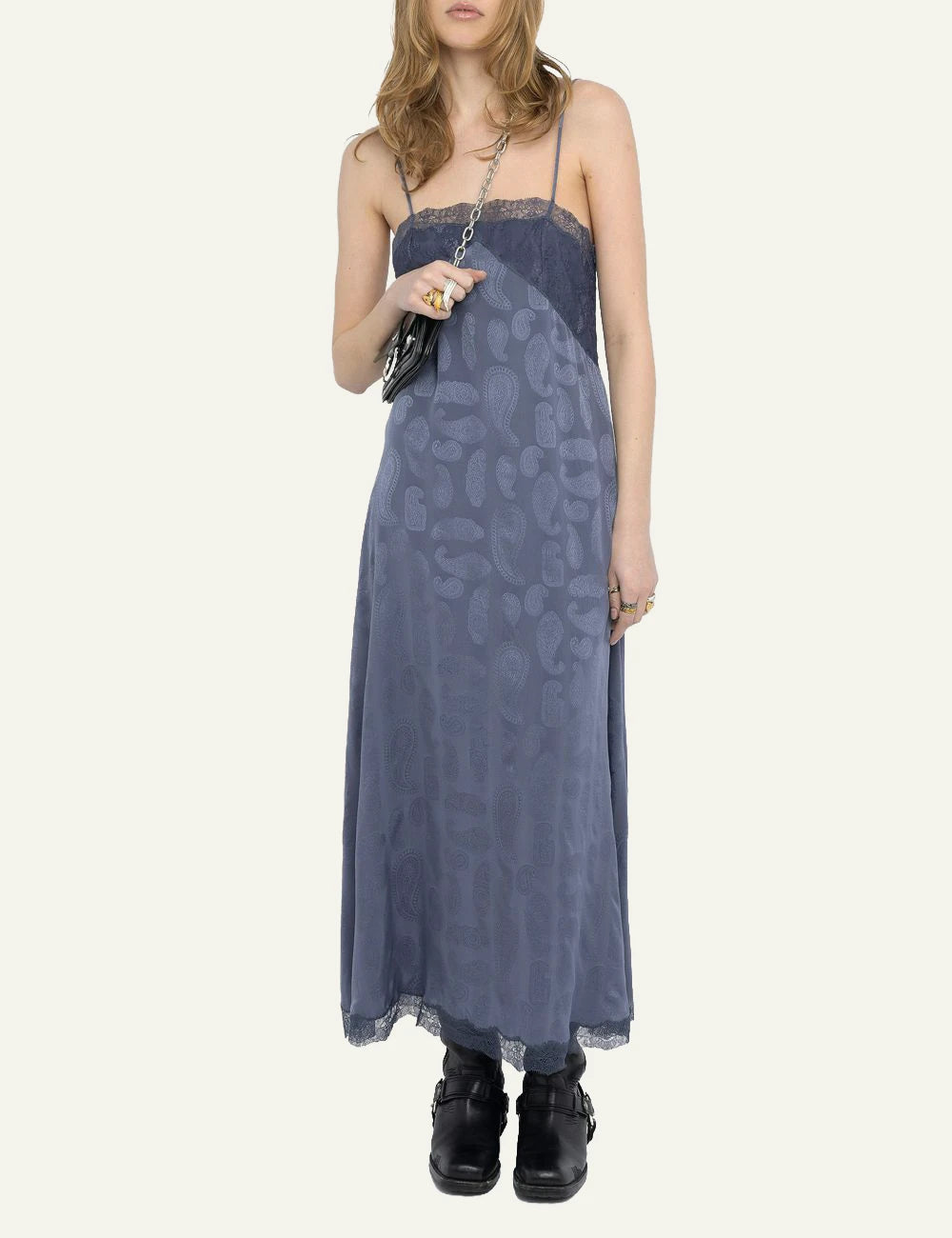 Zadig Voltaire silk jacquard midi dress storm lace straps front full body