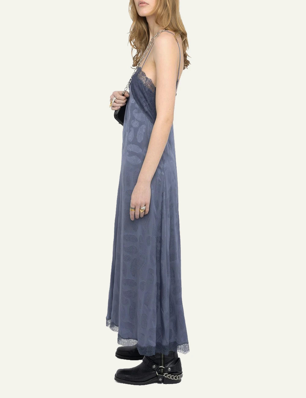 Zadig Voltaire silk jacquard midi dress storm lace straps side