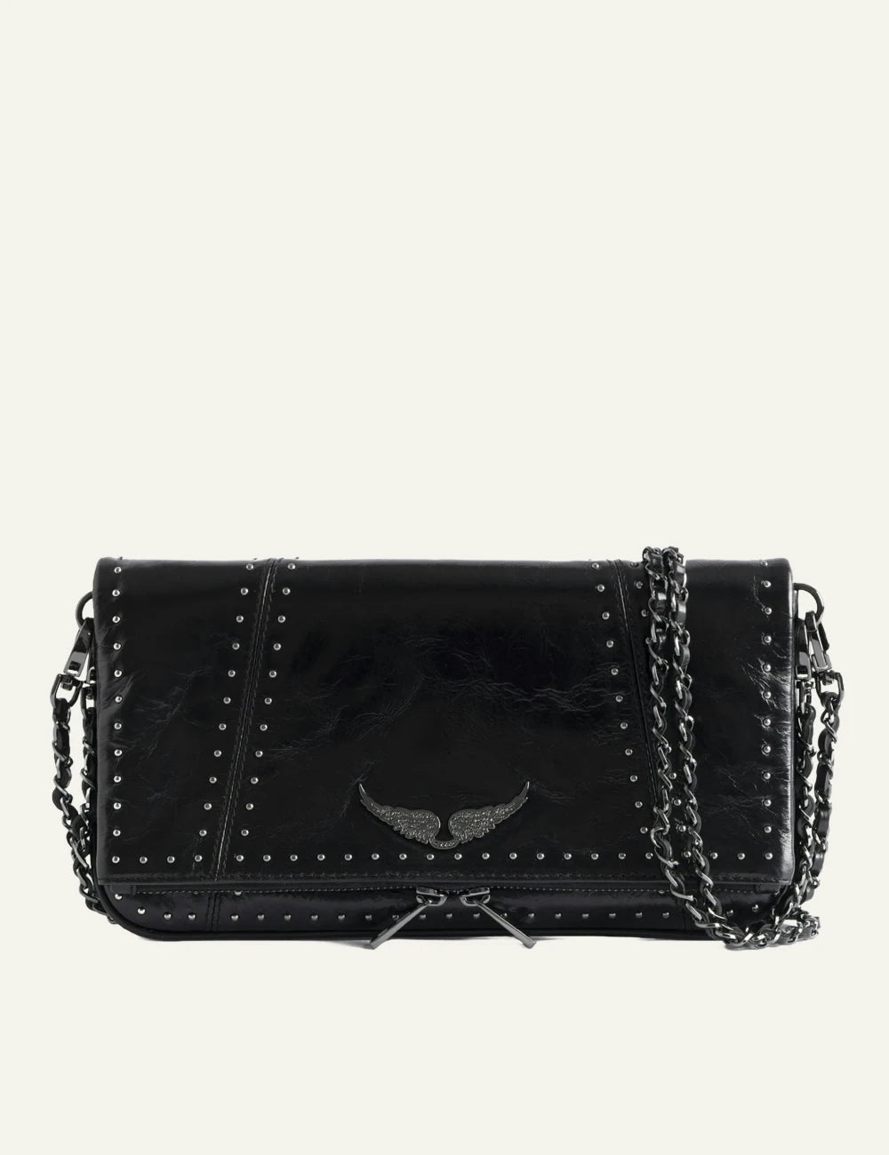 Zadig Voltaire studded clutch black leather wings rhinestone front view