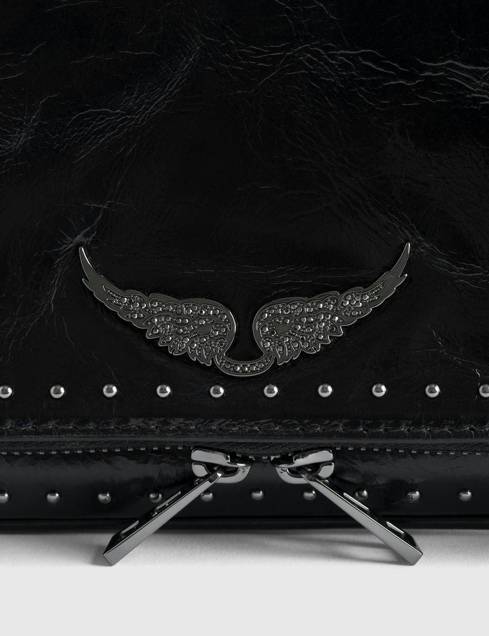Zadig Voltaire studded clutch black leather wings rhinestone logo view