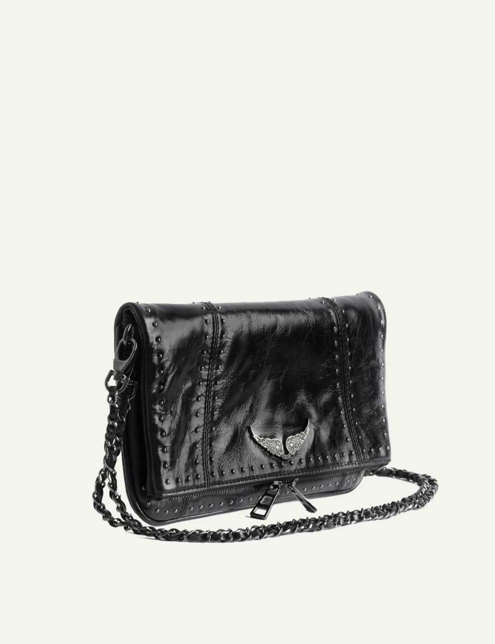 Zadig Voltaire studded clutch black leather wings rhinestone side view