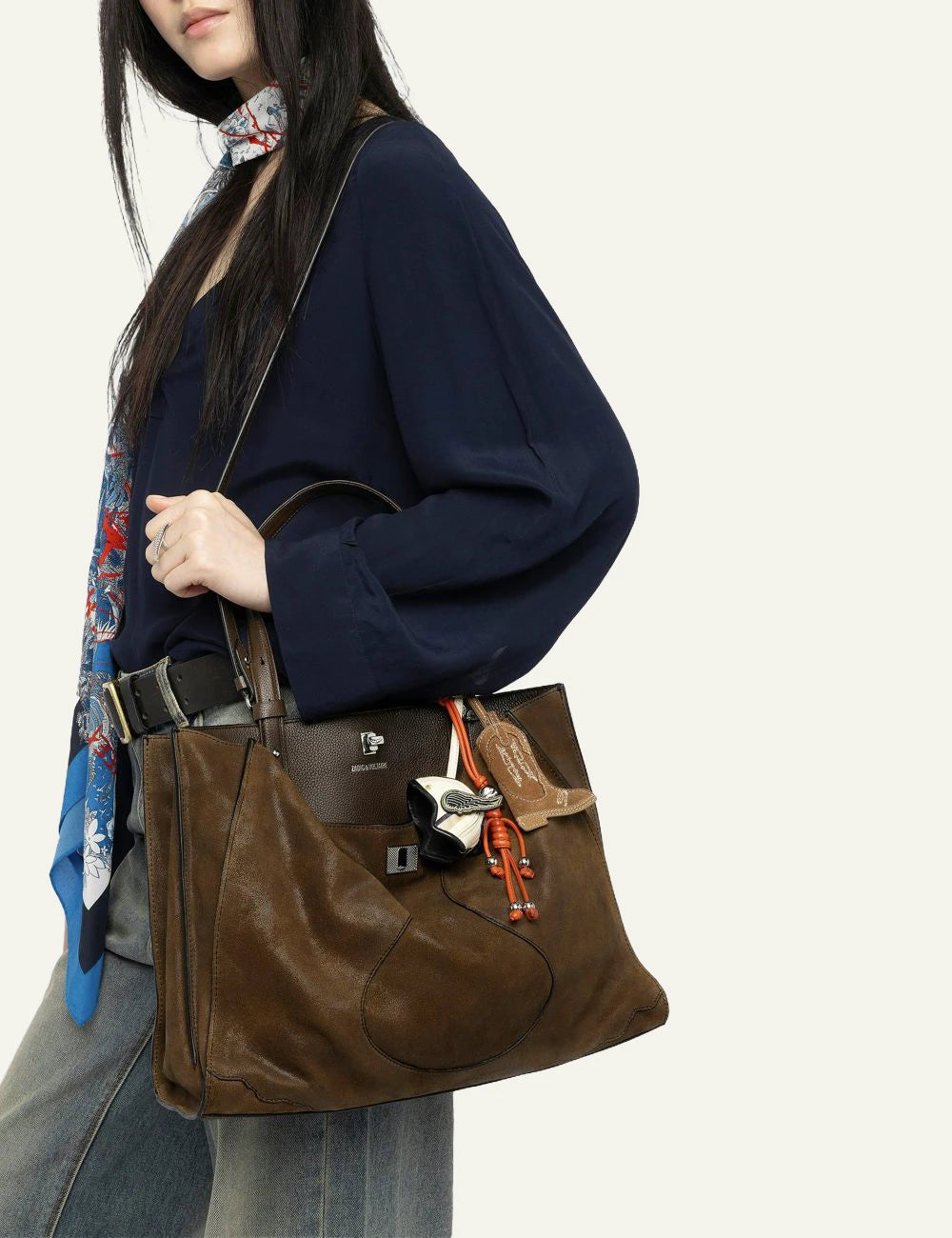 Zadig Voltaire suede leather bag wood brown side model view