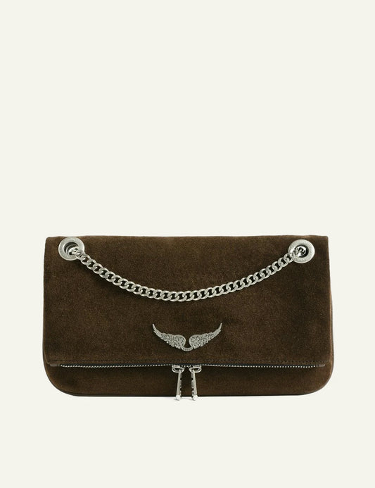 Zadig Voltaire suede clutch wood brown front view with wings logo