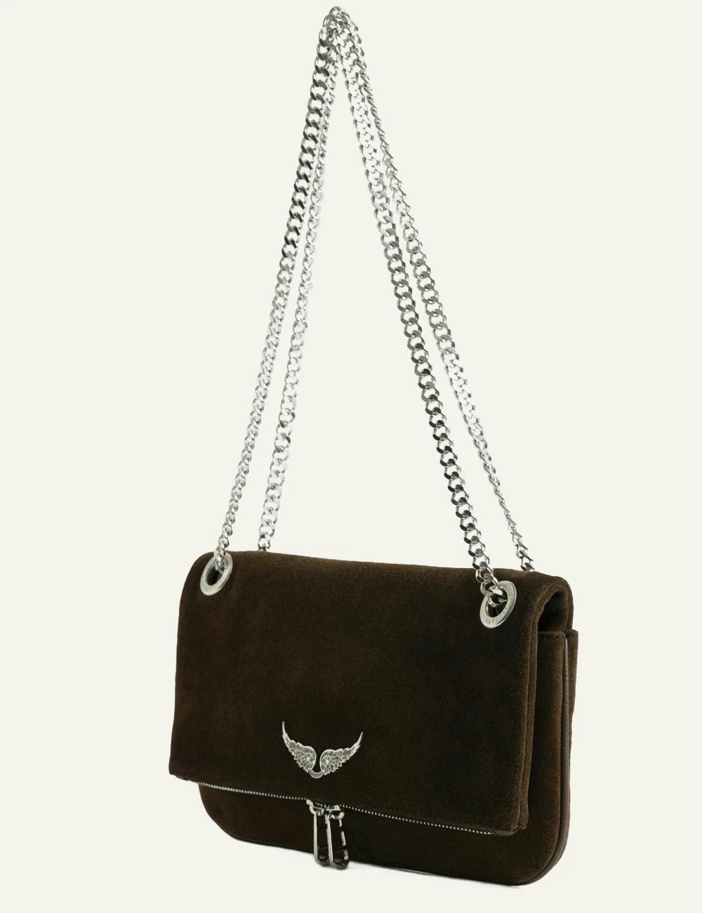 Zadig Voltaire suede clutch wood brown chain and eyelets detail