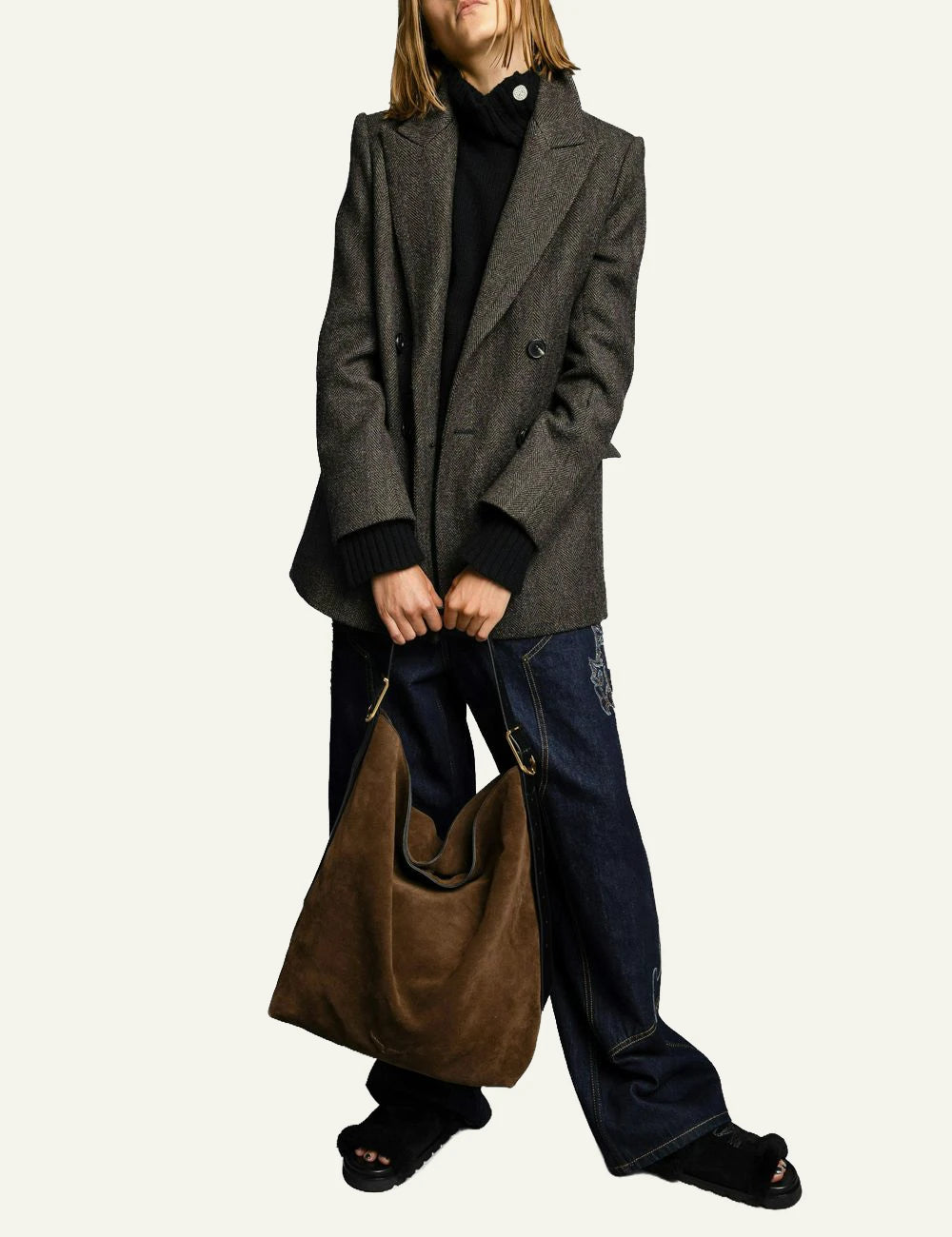 Zadig Voltaire suede hobo bag brown wood shoulder view front model