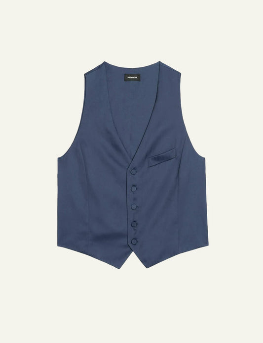 Zadig Voltaire tailored waistcoat Marine blue satin front flat view