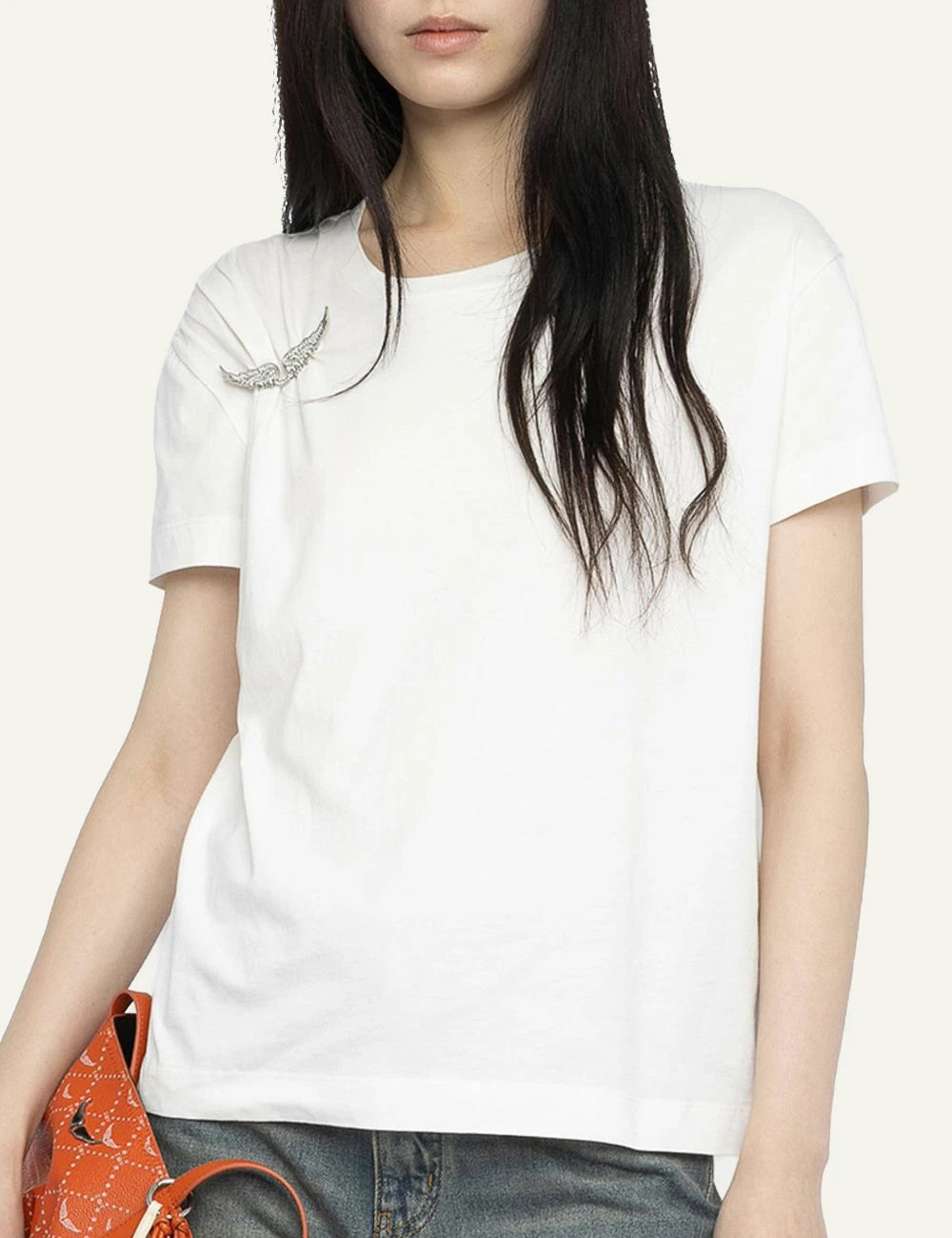 Zadig Voltaire white cotton t-shirt wings brooch front detail