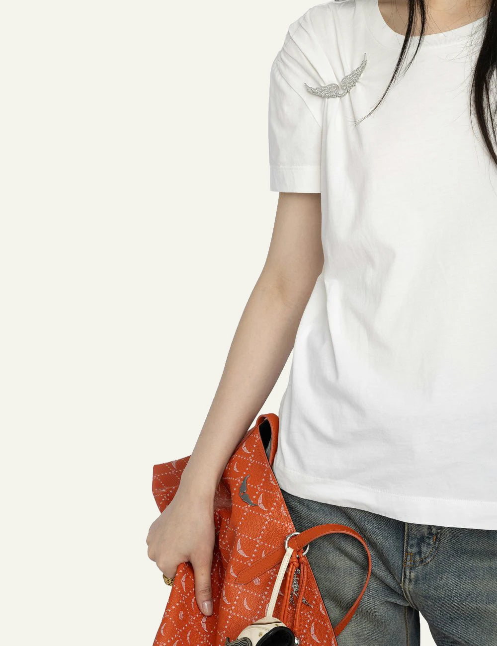 Zadig Voltaire white cotton t-shirt wings brooch front detail logo