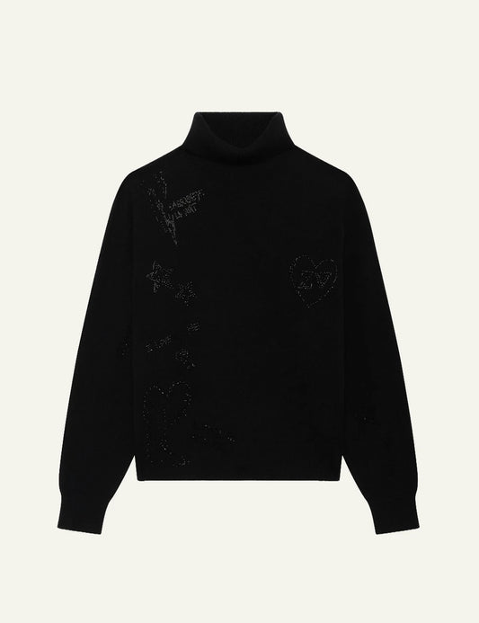 Zadig & Voltaire women's black cashmere turtleneck jumper with rhinestones front view