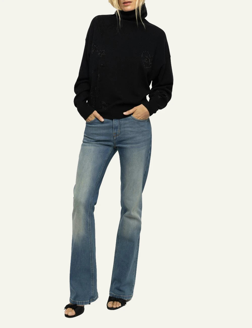 Zadig & Voltaire women's black cashmere turtleneck jumper with rhinestones  full look