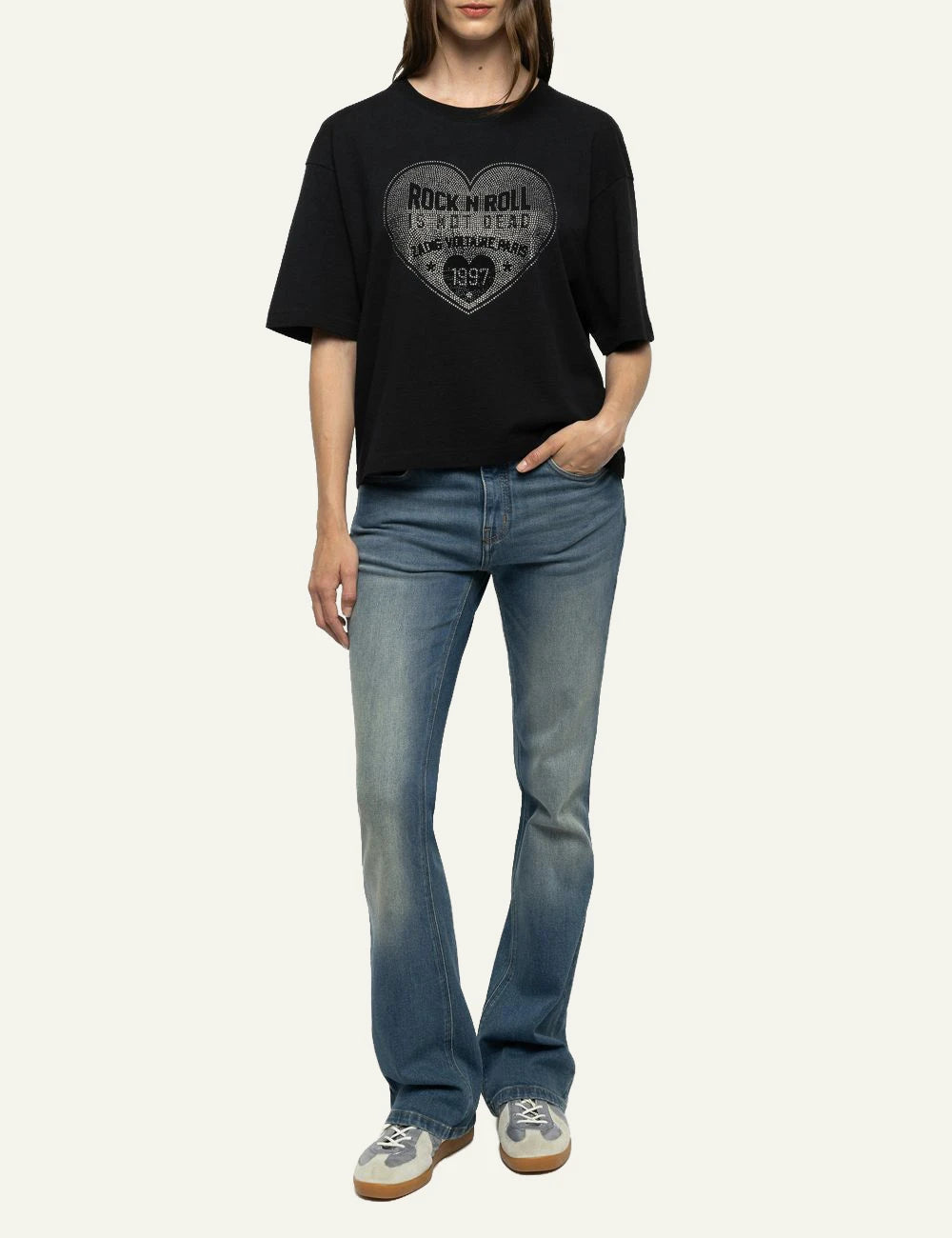 Zadig & Voltaire women's black cotton T-shirt with rhinestone heart full look