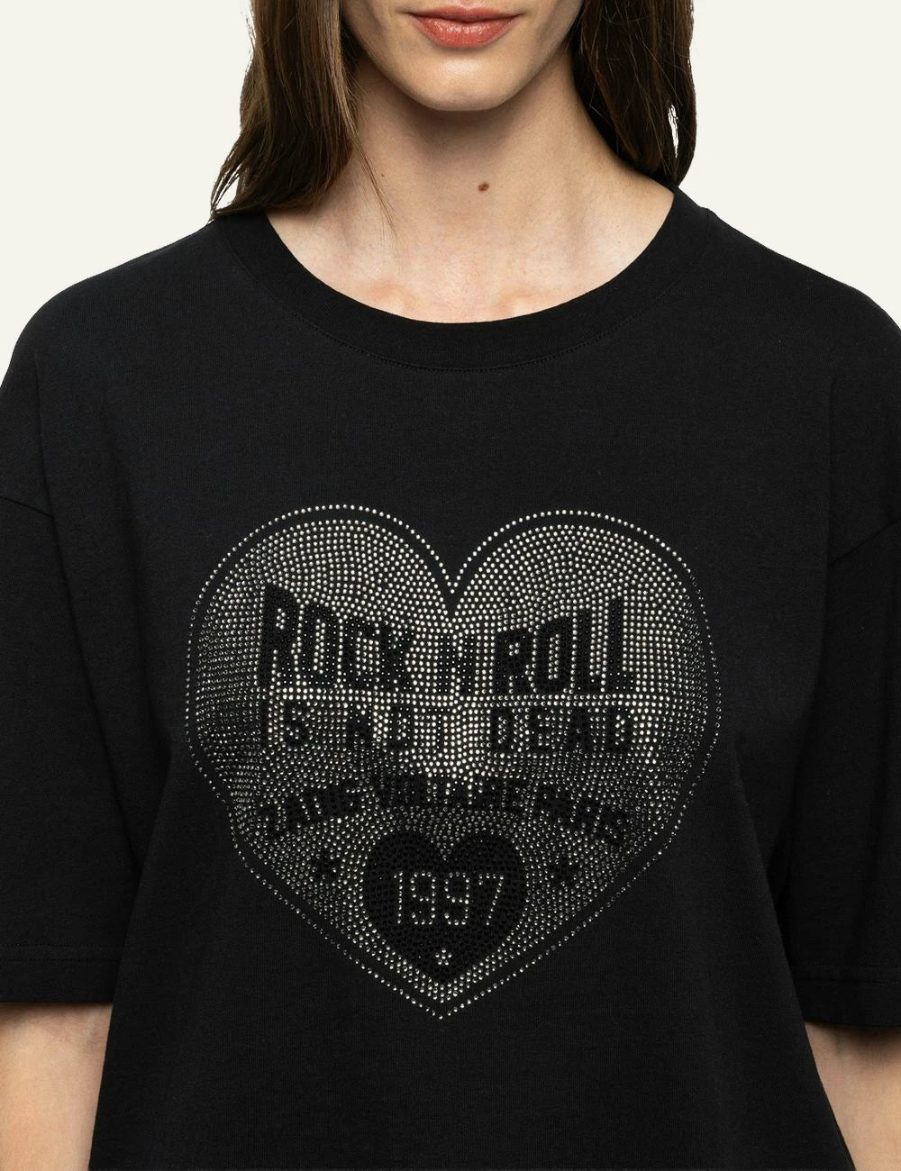 Zadig & Voltaire women's black cotton T-shirt with rhinestone heart close up details