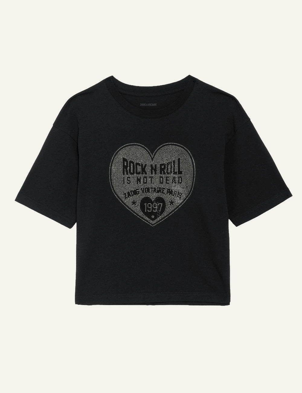 Zadig & Voltaire women's black cotton T-shirt with rhinestone heart front view product shot