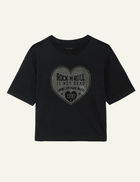 Zadig & Voltaire women's black cotton T-shirt with rhinestone heart front view product shot