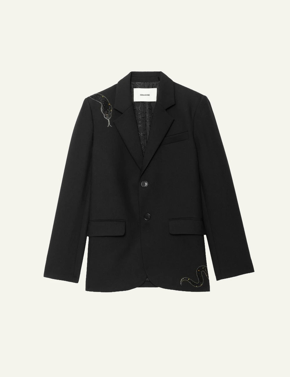 Zadig & Voltaire women's black oversized blazer with rhinestone snake designs product shot view