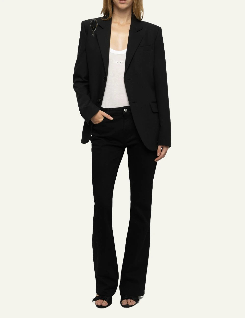 Zadig & Voltaire women's black oversized blazer with rhinestone snake designs full look