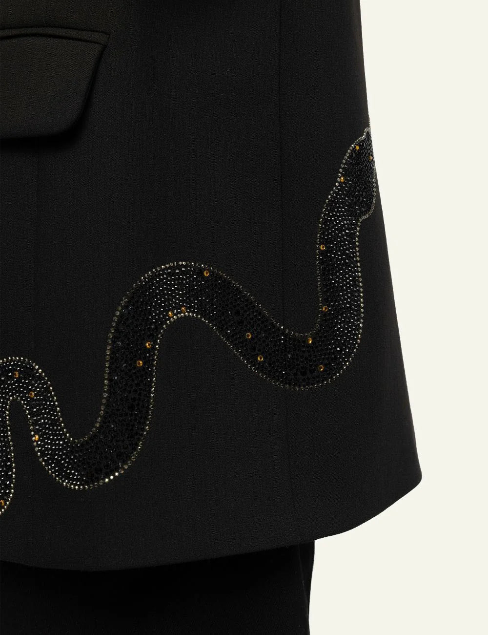 Zadig & Voltaire women's black oversized blazer with rhinestone snake designs details close up view