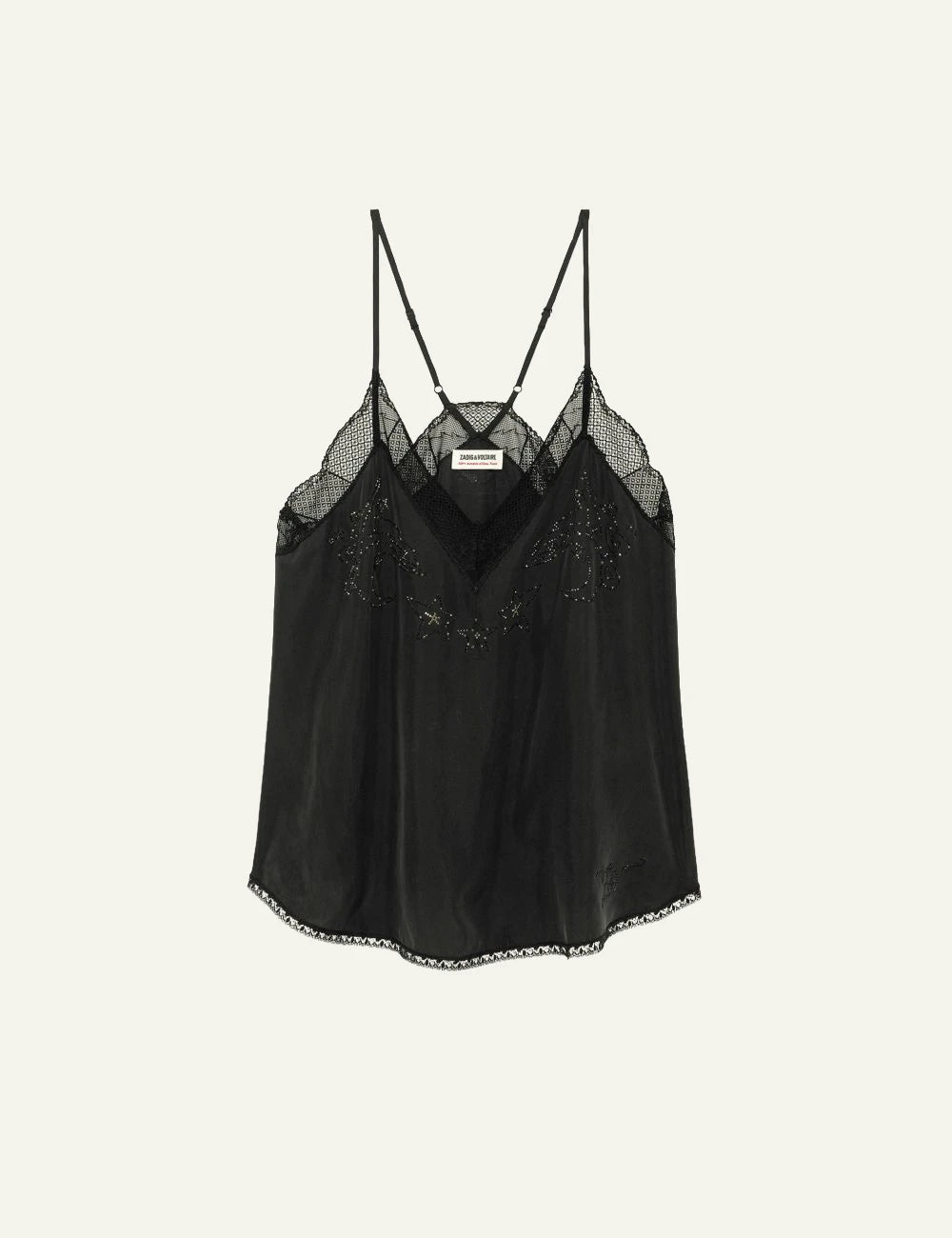 Zadig & Voltaire women's black silk lace camisole with rhinestones front view