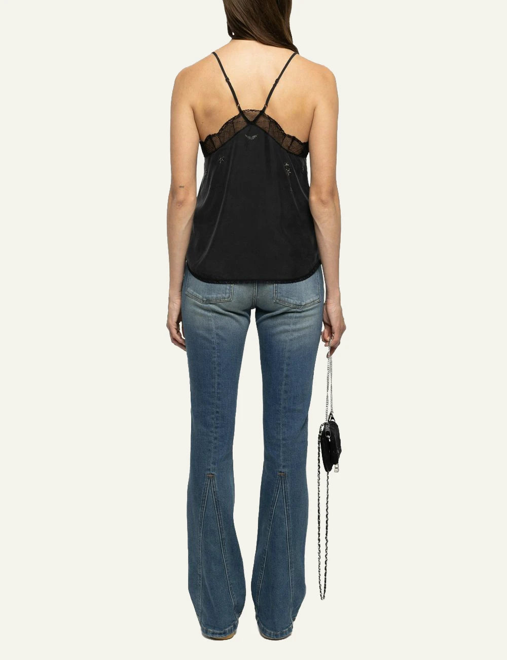 Zadig & Voltaire women's black silk lace camisole with rhinestones back view