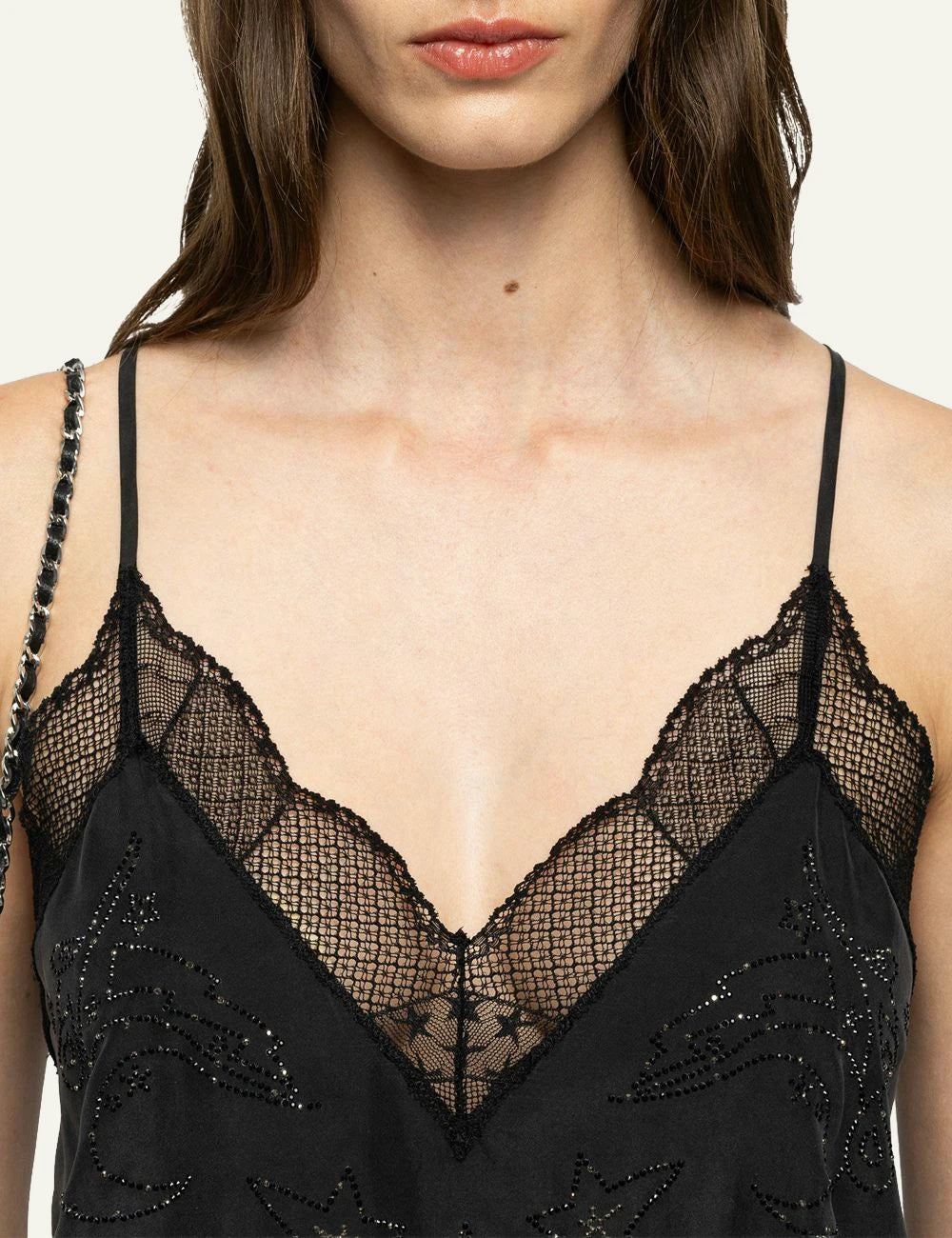 Zadig & Voltaire women's black silk lace camisole with rhinestones close up details