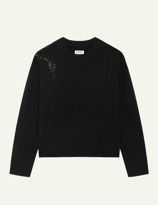 Zadig & Voltaire women's black wool and cashmere jumper with rhinestone snake front view