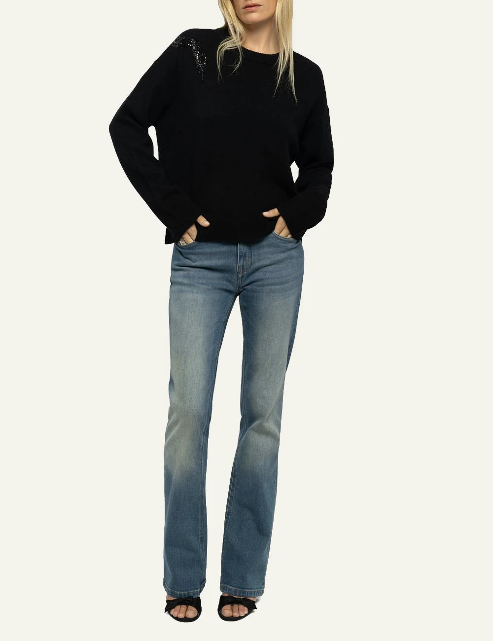Zadig & Voltaire women's black wool and cashmere jumper with rhinestone snake full look