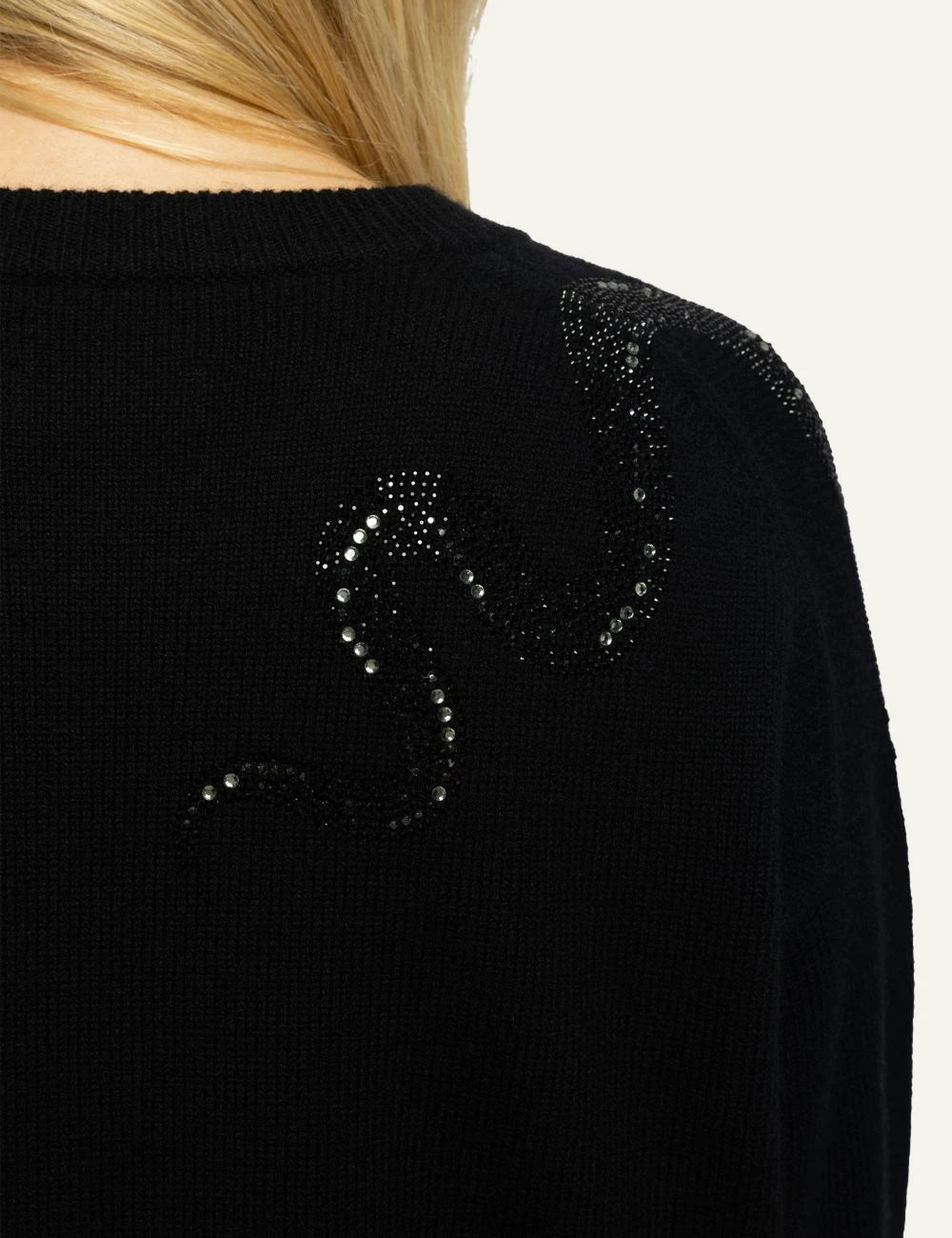 Zadig & Voltaire women's black wool and cashmere jumper with rhinestone snake close up details