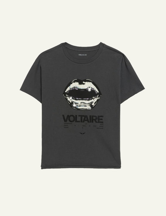 Zadig & Voltaire women's charcoal cotton T-shirt with lips print and rhinestones front view