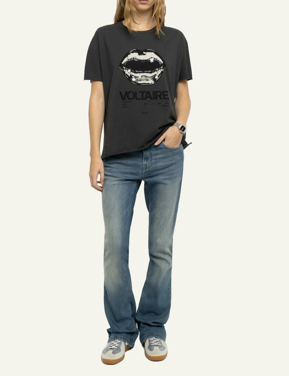 Zadig &amp; Voltaire women's charcoal cotton T-shirt with lips print and rhinestones full look