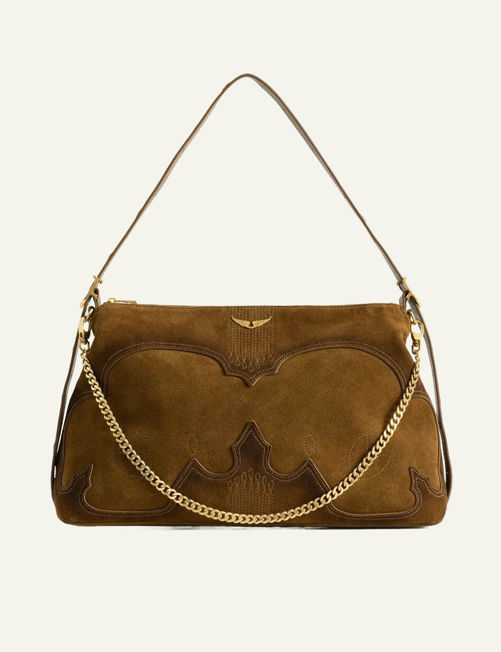 Zadig &amp; Voltaire women's cognac distressed suede western shoulder bag front view