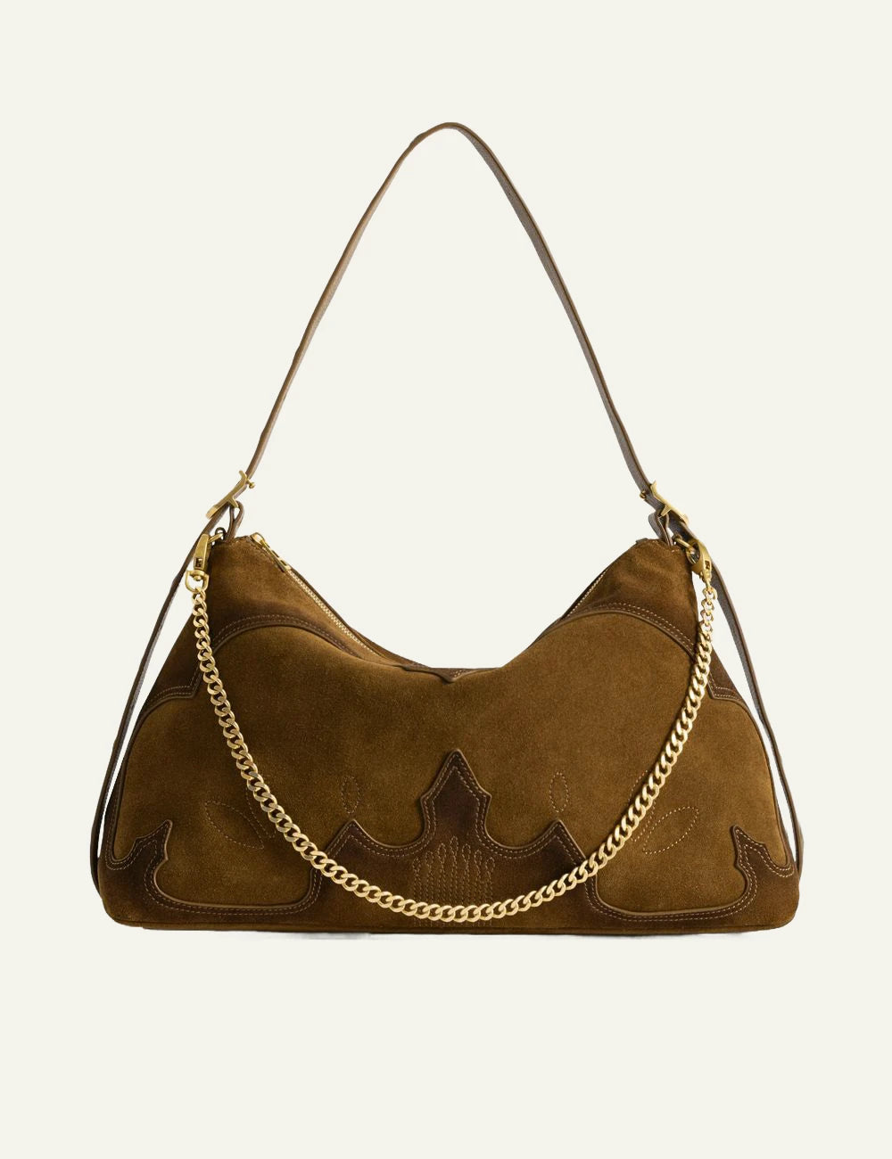 Zadig &amp; Voltaire women's cognac distressed suede western shoulder bag front view details chain