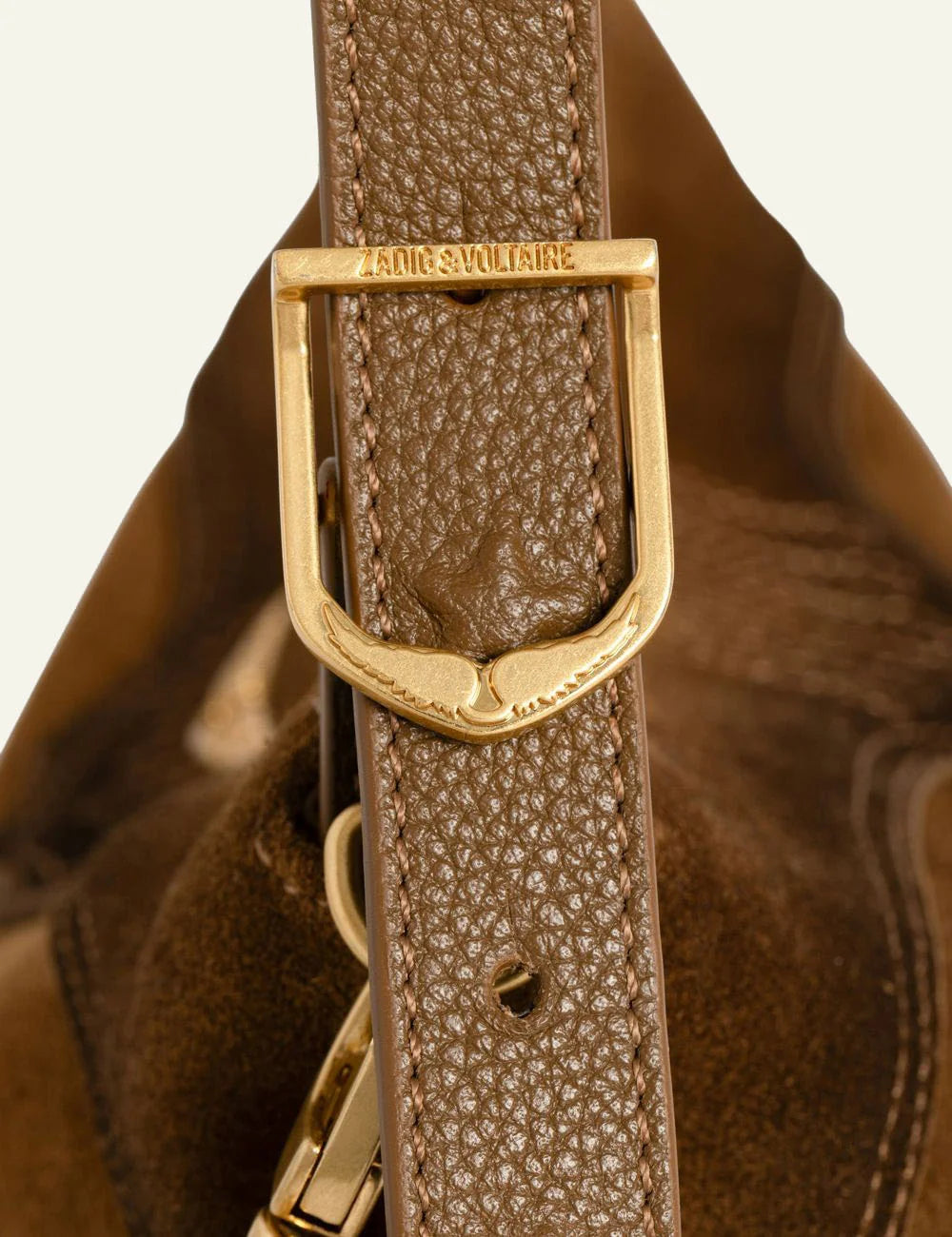 Zadig &amp; Voltaire women's cognac distressed suede western shoulder bag close up detail logo
