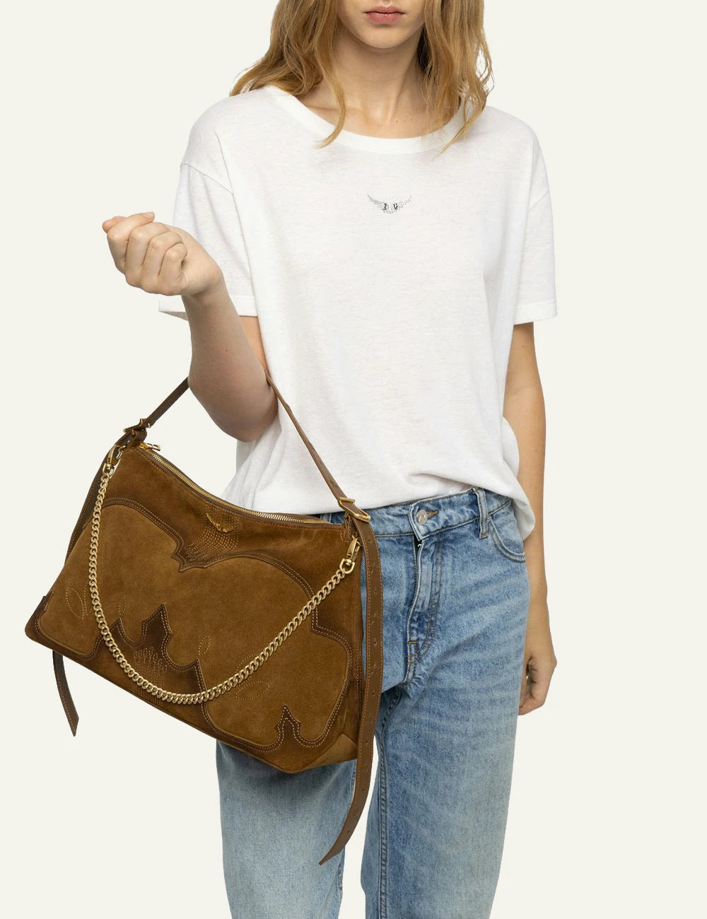 Zadig &amp; Voltaire women's cognac distressed suede western shoulder bag worn by model