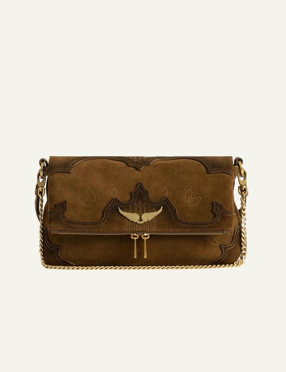 Zadig &amp; Voltaire women's cognac distressed suede western shoulder bag front view